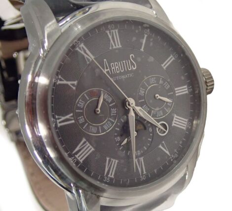 An Arbutus gent's chronograph automatic wristwatch, with a grey finish Roman numeric dial, stainless steel case, model AR506, on a black leather strap, the dial 4cm diameter, boxed.