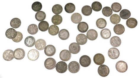 A group of pre-1946 silver three pence pieces, 59g.