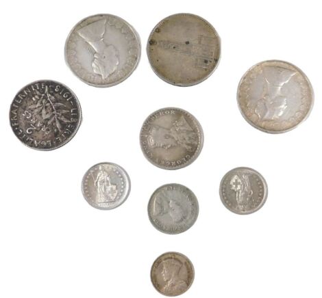 Nine foreign silver coins, 60g.