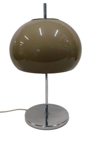 A 1970s table lamp, with shaded brown plastic mushroom shaped and coloured shade, on a chrome plated base, 52cm high. WARNING! This lot contains untested or unsafe electrical items. It is supplied for scrap or re-conditioning only. TRADE ONLY