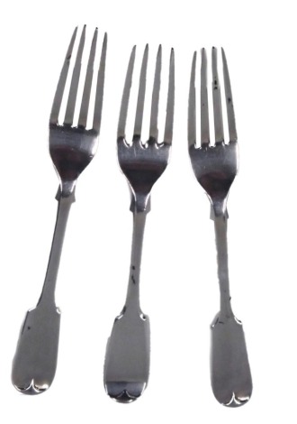 Three silver fiddle pattern starter forks, Victorian and later, one bearing the initials HM, London mixed dates, 4.71oz. (3)