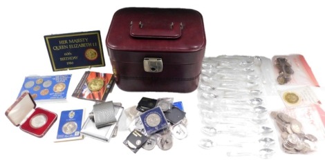 A quantity of coins, comprising Queen Elizabeth II 60th Birthday 1986 coin pack 85th Birthday 1985 coin pack, Ascension to St Helena, Queen's Golden Jubilee, small group of silver plated teaspoons, other Coronation and commemorative crowns, group of 1940s