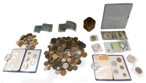 Various pre-decimal and decimal coinage, pennies, half pennies, assorted banknotes, diamond jubilee coin pack, Britain's first decimal coin pack, etc. (a quantity)