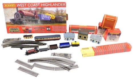 A Hornby West Coast Highlander OO gauge part set, boxed, various expansion packs, a livery carriage, railway cottages, bridge, etc., mainly boxed. (1 tray and loose)