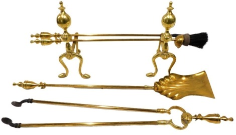 19thC brasswares, comprising a pair of fire dogs, fire side implements to include brush, shovel and poker. (a quantity)