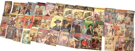 A group of Western related comics, to include Master comics, Red Rider, Rex Alan, Western Super Thrillers, Western Round Up, Maverick, Rin Tin Tin and Rusty, Laramie, Lawman, Cheyenne, Zorro, and others. (a quantity)