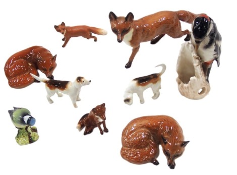 Beswick and other fox figures, two Beswick hunting dogs, a Goebel woodpecker and a Beswick blue tit. (AF)