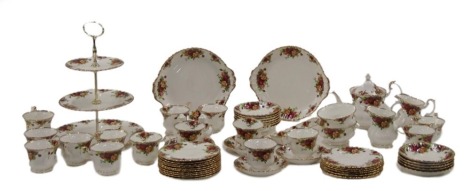 Royal Albert Old Country Roses part tea and dinner set, comprising teapot, two sugar bowls, two milk jugs, salt and pepper, three tier cake stand, rectangular pin dish, two circular two handled plates, fifteen teacups, sixteen saucers, and ten side plates