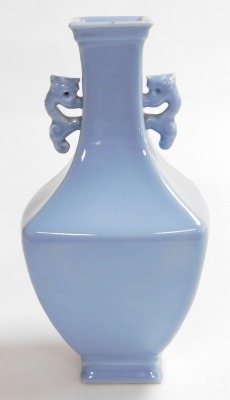 A Chinese porcelain clair de lune bottle vase, of square section with tapering neck and stylized dragon handles. Six character Yongzheng seal mark to base, and possibly of the period (1723 - 1735), 27cm high. Provenance: The John and Margaret Rankine Col - 3