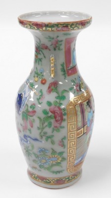 A 19thC Qing dynasty Chinese porcelain baluster vase, with a celadon glaze enriched in coloured enamels with figures at court, butterflies, flowers, etc., with moon shape lug handles, 24cm high. (AF) - 4