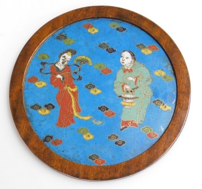 A pair of 17th/18thC Chinese enamel plaques, each with figures of men and women within stylized clouds, in late 19thC rosewood frames, 18cm diameter. Provenance: The John and Margaret Rankine Collection. Accompanied by a copy of the purchaser invoice fro - 4