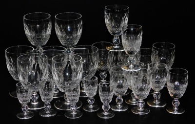 A group of Waterford Colleen pattern crystal, comprising seven white wine glasses, six red wine glasses, six sherry glasses and five liqueur glasses.