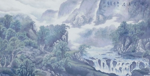 A large Chinese print of a waterfall below rocky mountains and mountains, beside a rampant forest, signed in script to the upper right, 93cm x 178cm, plus border, glazed modern frame.