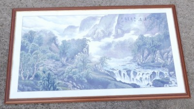 A large Chinese print of a waterfall below rocky mountains and mountains, beside a rampant forest, signed in script to the upper right, 93cm x 178cm, plus border, glazed modern frame. - 2