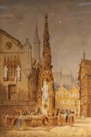 19thC Continental School. A town scene with figures around a fountain and a church in the background