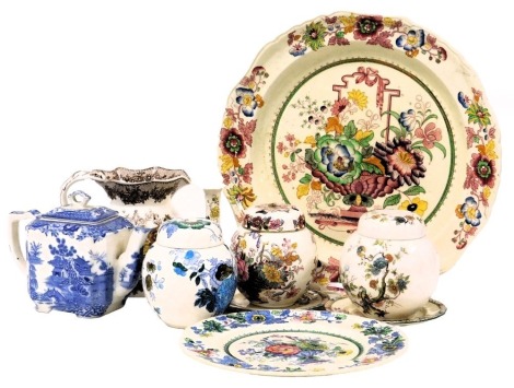 A group of Masons ironstone pottery, comprising a Brocade pattern pot pourri jar and cover, Ascot pattern jug, Belvedere pattern ginger jar and cover, further ginger jar and cover, Strathmore pattern plate and circular platter 38cm wide, a pair of floral 