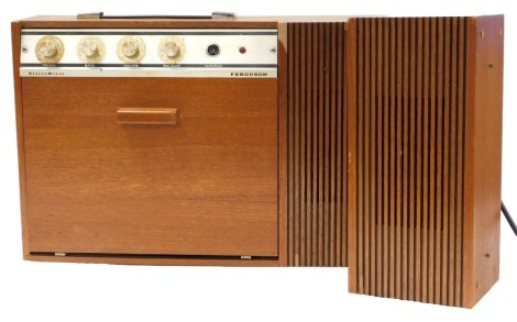 A mid Century Ferguson StereoMinermor portable record player, with attachable speaker, model 3025.