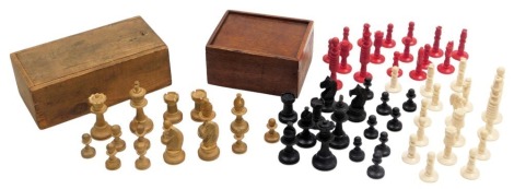 A 19thC white and red bone chess set, boxed, Queen 8.5cm high, together with a Staunton type wooden chess set, boxed, King 6.5cm high.