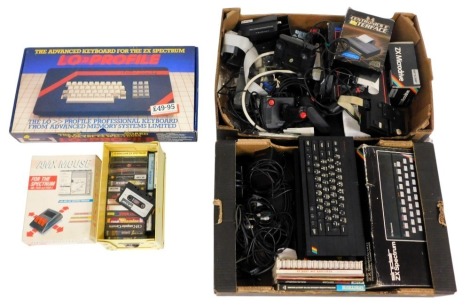 Three Sinclair ZX Spectrum personal computers, with a printer, micro drive, joy sticks, and further hardware, together with game cassettes, instructions and part works, and a ZX Spectrum Advanced Lo Profile keyboard, some boxed. (a quantity) Buyer Note: 