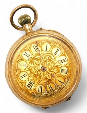 An early 20thC lady's 14ct gold cased wristwatch, open face, keyless wind, circular foliate engraved dial bearing Roman numerals, the case with engine turned and engraved foliate decoration, central vacant shield, 30.0g all in.