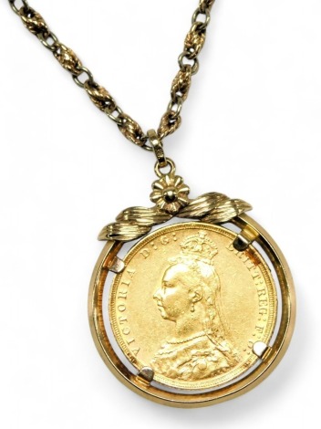 A Queen Victoria full gold sovereign 1888, in a yellow metal pendant mount, on a 9ct gold neck chain, 24.0g all in.