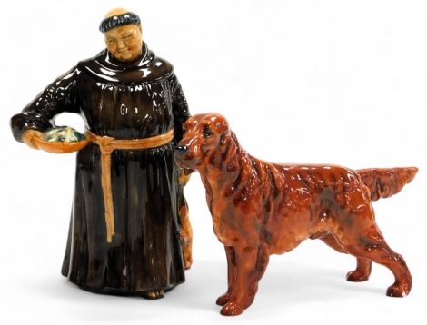 A Royal Doulton pottery figure modelled as The Jovial Monk, HN2144, together with a Royal Doulton figure modelled as a red setter. (2, AF)