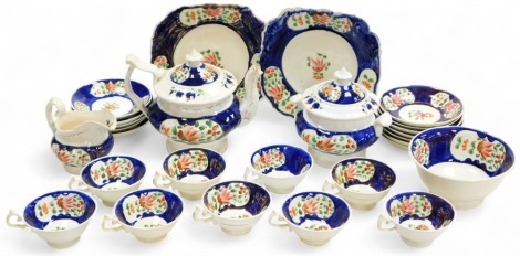 A 19thC Staffordshire lustre tea service, painted with flowers, gilt heightened, comprising teapot, cream jug, slop bowl, sucrier, pair of bread plates, six teacups, and thirteen saucers.