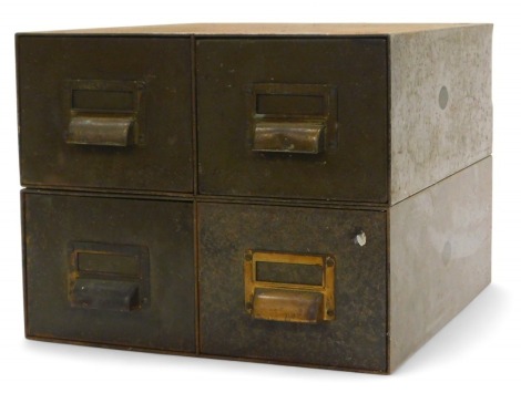 A pair of mid century industrial metal two drawer card filing cabinets, 33cm wide, 35.5cm deep.