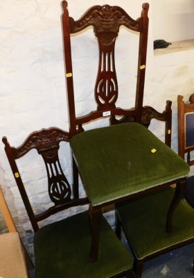 Three late Victorian high backed dining chairs, with a green draylon, on cabriole legs.