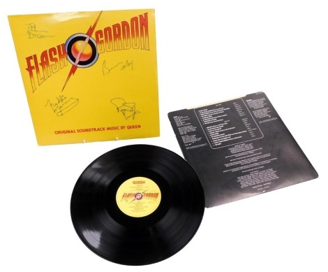 A Queen Flash Gordon LP, the original sound track music, bearing to the front cover facsimile autographs of Freddie Mercury, Roger Taylor, Brain May, and John Deacon.