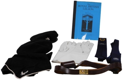 A group of The Royal British Legion related items for the Bingham Branch, to include two black wool caps with cap badges, a Bingham Branch 1923 leather belt with holster, a pair of white leather gloves, ties, etc. (1 tray)