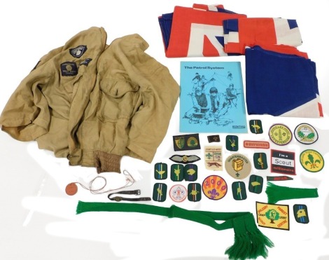 A group of Scouting related items, to include a jacket bearing various Yorkshire cloth badges, cloth badges, Union Jack flag, etc. (1 tray)