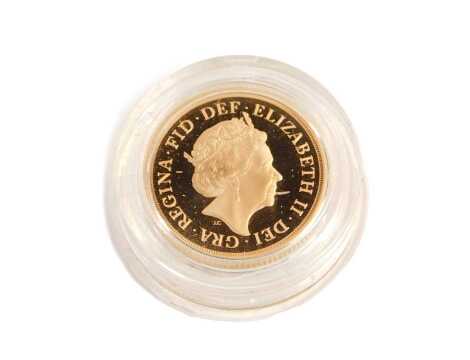 A Royal Mint 2018 full gold proof Piedfort sovereign, with a certificate, numbered 1427, in a presentation box.