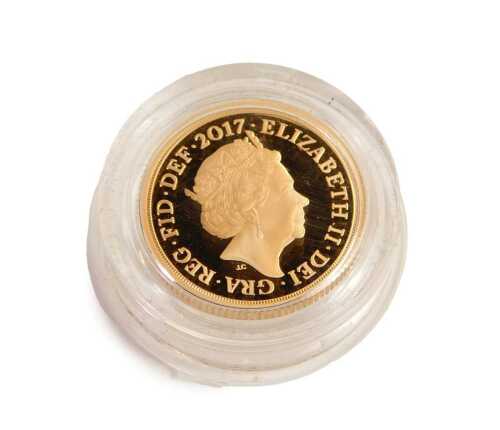 A Royal Mint Piedfort gold proof sovereign dated 2017, with certificate of authenticity number 2417, in presentation box.