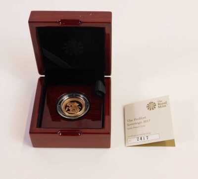 A Royal Mint Piedfort gold proof sovereign dated 2017, with certificate of authenticity number 2417, in presentation box. - 3