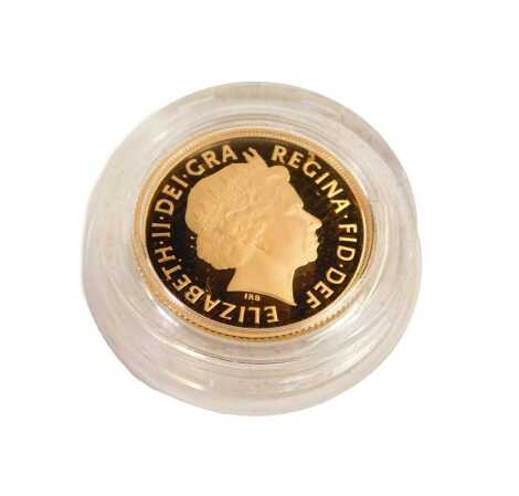 A Royal Mint 2012 UK full gold sovereign, number 5358, with a certificate, in a presentation box.