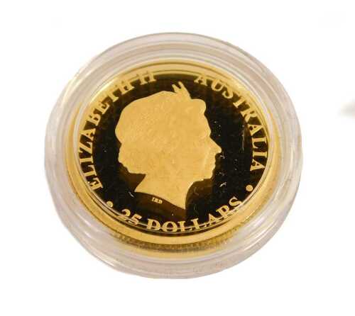 A Perth Mint 2017 kangaroo proof ¼oz gold twenty five dollar coin, with a certificate, in a presentation box.