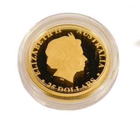 A Perth Mint 2017 kangaroo proof ¼oz gold twenty five dollar coin, with a certificate, in a presentation box.