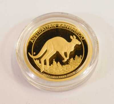 A Perth Mint 2017 kangaroo proof ¼oz gold twenty five dollar coin, with a certificate, in a presentation box. - 2