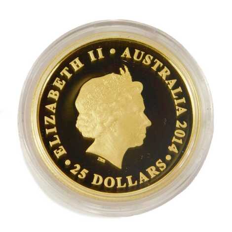 A Perth Mint Australian 2014 full gold sovereign, with certificate number 869, in a presentation box.