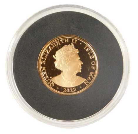 A Queen's Platinum Jubilee full gold sovereign dated 2022, limited edition number 225/500, with certificate, in a presentation case.