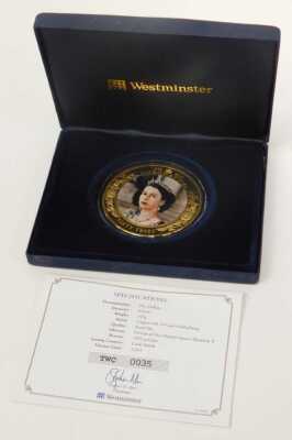 A Westminster Coronation Jubilee 2013 65mm presentation coin, copper with 24ct gold plating, limited edition number 935/2013, with a certificate, in a presentation box. - 3