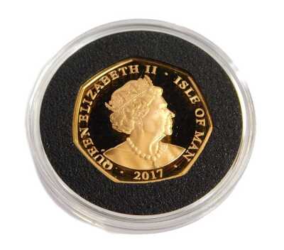 A HM Queen Elizabeth II and HRH The Duke of Edinburgh Platinum Wedding Anniversary gold proof fifty pence coin, with a certificate of authenticity number 15/175, in a presentation box.