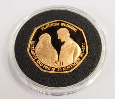 A HM Queen Elizabeth II and HRH The Duke of Edinburgh Platinum Wedding Anniversary gold proof fifty pence coin, with a certificate of authenticity number 15/175, in a presentation box. - 2