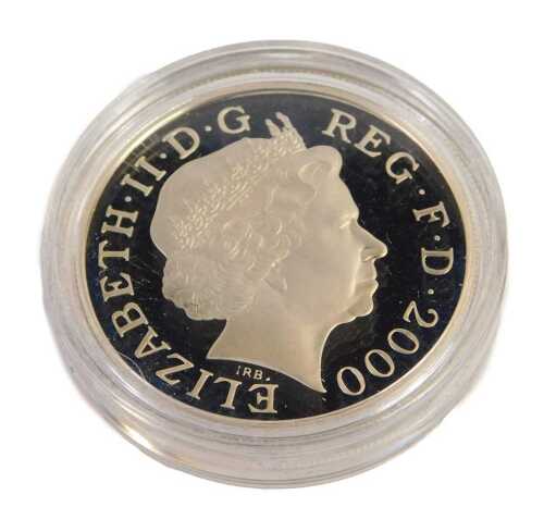 A Queen Elizabeth The Queen Mother Centenary Year silver proof crown, with certificate of authenticity limited to 100,000 editions, in presentation box.