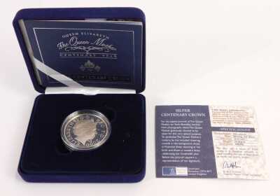 A Queen Elizabeth The Queen Mother Centenary Year silver proof crown, with certificate of authenticity limited to 100,000 editions, in presentation box. - 3