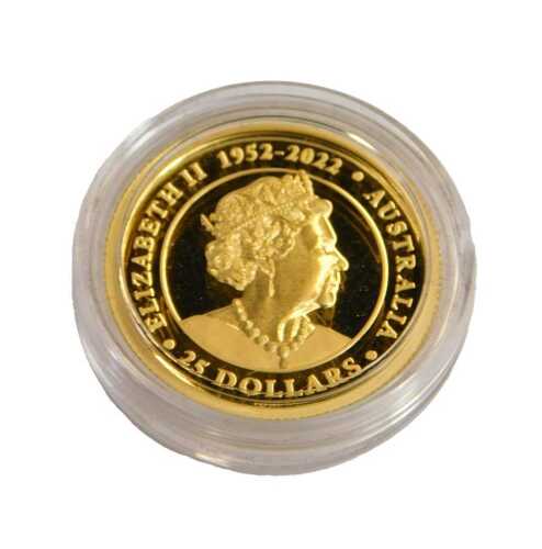 A Perth Mint Kangaroo ¼ ounce gold proof coin 2023, with a certificate of authenticity No. 9, in a presentation box.