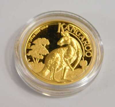 A Perth Mint Kangaroo ¼ ounce gold proof coin 2023, with a certificate of authenticity No. 9, in a presentation box. - 2