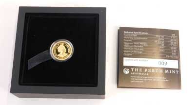 A Perth Mint Kangaroo ¼ ounce gold proof coin 2023, with a certificate of authenticity No. 9, in a presentation box. - 3