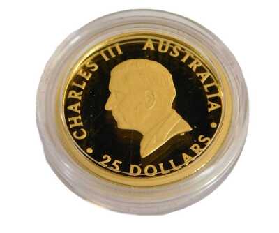 A Perth Mint Kookaburra ¼ ounce gold proof coin 2024, with a certificate of authenticity No. 402, in a presentation box.